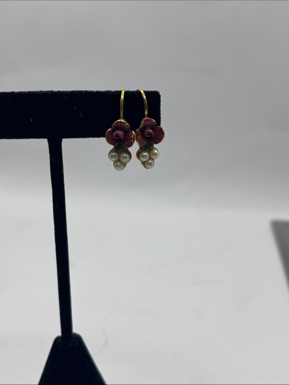 1928 Gold-Tone Earrings with Maroon Flower Enamel and White Pearl Drops